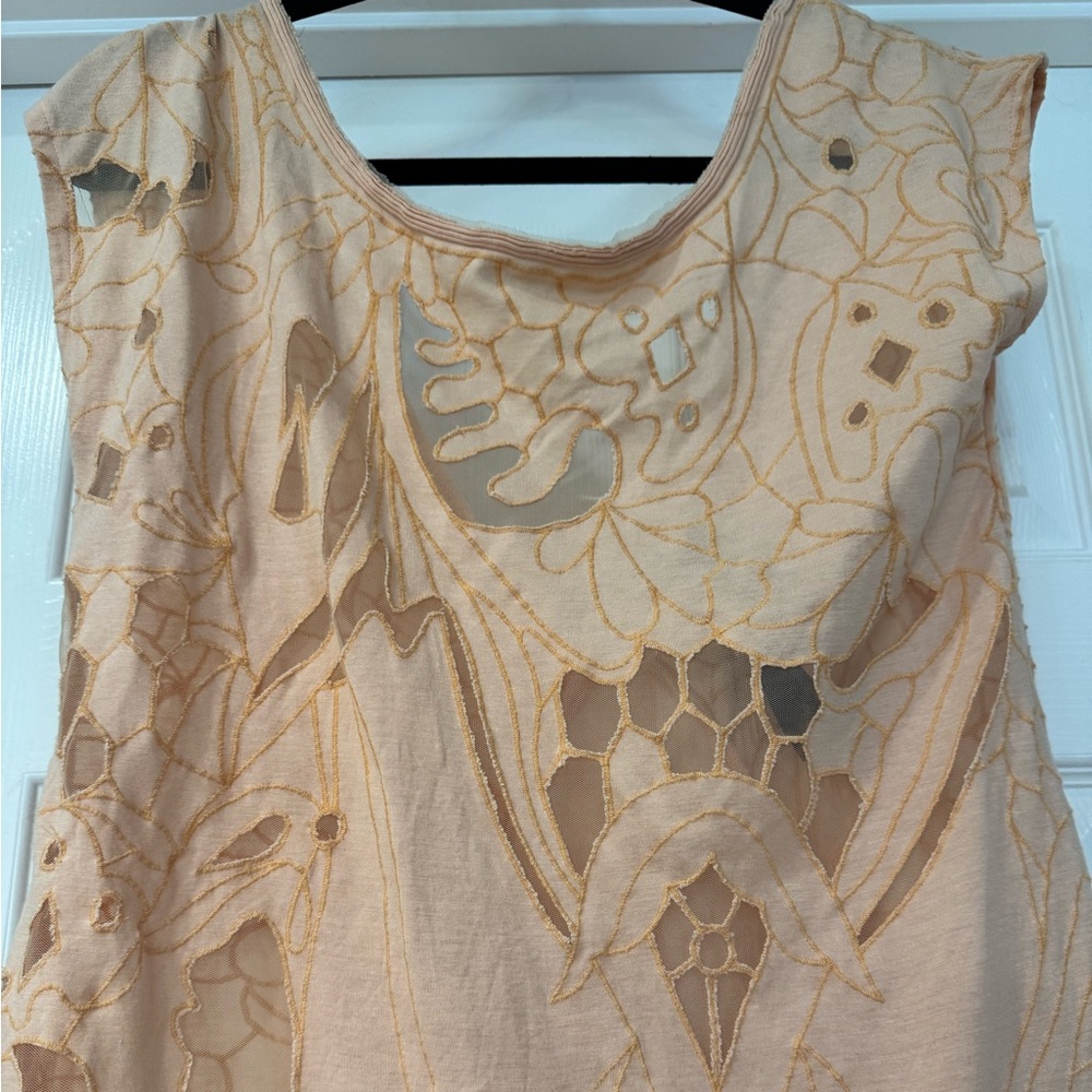 Free People Peach High-Low Embellished Mesh and Cotton Tee